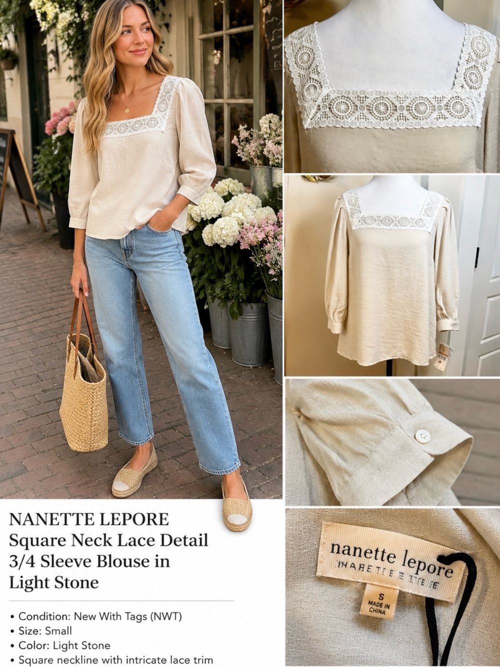 NWT Nanette Lepore Square Neck Lace Detail Blouse Light Stone  Sz S💛